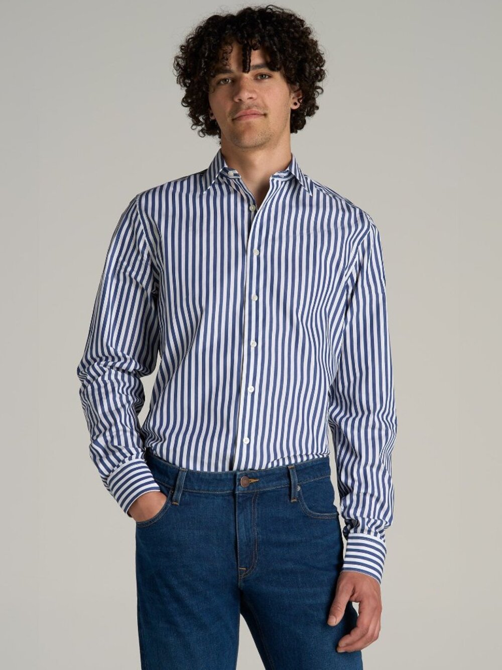 American Tall Premium Dress Shirt for Tall Men in Bold Blue Stripe Size MM / Tal